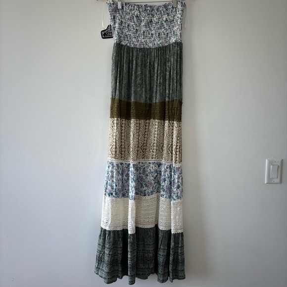 NWT Angie Boho Strapless Patchwork Maxi Dress Bohemian Green, Olive, Jade,Cream - Picture 7 of 8